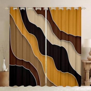 Imagem de Cortina de janela vintage amarelo marrom ondulado, cortina de tratamento de janela geométrica abstrata para decoração de quarto de crianças, adolescentes e adultos, cortinas listradas de retalhos 3D