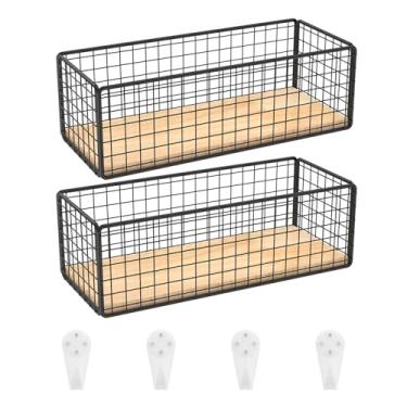 Imagem de LCZNXJJY 2 cestos de arame de metal para pendurar na parede, organizador de cestas de armazenamento com fundo de madeira, caixas de armazenamento de banheiro, organização de despensa para papel