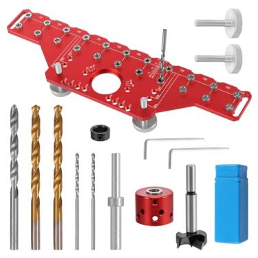 Imagem de Gabarito de pino de prateleira e dobradiça 2 em 1, gabarito de perfuração de pino de prateleira de liga de alumínio com brocas de 1/10.2 cm 5 mm, modelo de furo de perfuração para marcenaria de