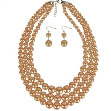 Imagem de COLORFUL BLING Colar gargantilha elegante com 5 fileiras de pérolas simuladas com brincos conjunto de joias femininas, Metal, Liga metálica.