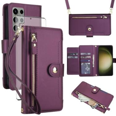 Imagem de Asuwish Capa de celular para Samsung Galaxy S23 Ultra 5G com zíper carteira, com protetor de tela de vidro temperado e alça transversal, suporte para cartão S23Ultra 23S S 23 23Ultra 17.3 cm feminino