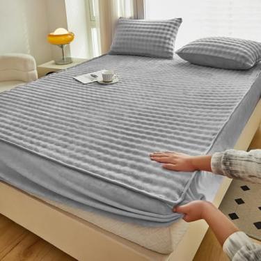 Imagem de Colcha protetora de colchão de veludo, macia, quente, luxuosa, macia, confortável, com bolso profundo, tamanho king/queen/casal/solteiro/cinza | 200 x 220 cm (conjunto de 3 peças)