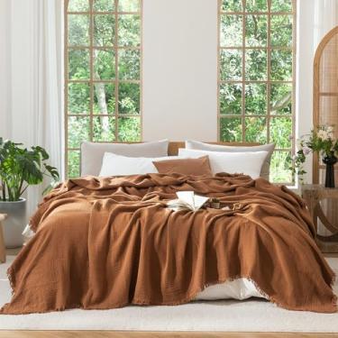 Imagem de MooMee Cobertor de musselina - Cobertor de gaze 100% algodão de 4 camadas com borlas ultramacio respirável leve refrescante para sofá de cama (laranja claro, King 264 x 228 cm)