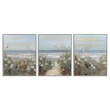 Imagem de Stupell Industries Conjunto de arte giclée emoldurado cinza com paisagem litorânea de flores silvestres, design de Sally Swatland, 76 x 61 cm