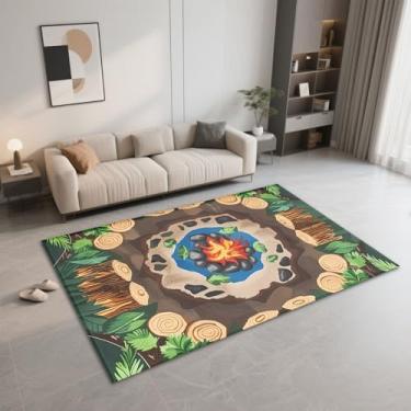 Imagem de Tapete de área de fogueira, tapete de toco de árvore para adolescentes e crianças, tapete temático de acampamento na floresta com desenho animado de pedras verdes para decoração de casa 1,52 x 18 m