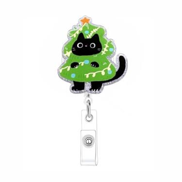 Imagem de Carretel de crachá de gato preto fofo de Natal, árvore de Natal, inverno, retrátil, jacaré, carretel de crachá de acrílico para enfermeira, cartão de identificação, feriado, carretel de crachá