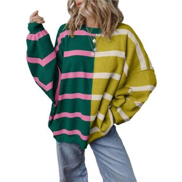 Imagem de Suéter feminino EVALESS de grandes dimensões listrado colorido tricota