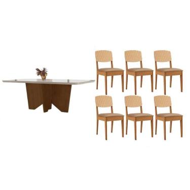 Imagem de Conjunto Sala de Jantar Nevada c/ Tampo Madeirado c/ Vidro Canto Curvo 180x90cm e 6 Cadeiras Havana Premium Naturale/Off White - Capuccino/Linho Bege-