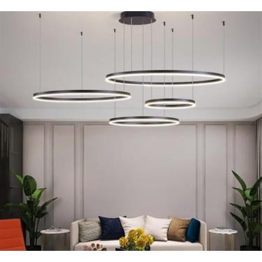 Imagem de Modernas luzes pendentes de anel LED, lustre de alumínio regulável para sala de estar com controle remoto, luzes de teto para sala de jantar, luminária suspensa de metal e acrílico, lâmpadas