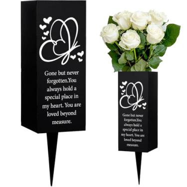 Imagem de WEBEEDY Vasos de cemitério com pontas de metal para túmulos, vaso memorial para túmulo, decoração de cemitério com estampa de amor de laço, funeral, presente memorial de simpatia, 7,5 x 19 cm