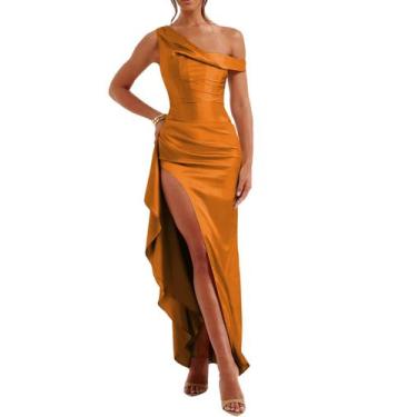 Imagem de Vestido de baile Alphirkut plissado para mulheres, longo, laranja, cet