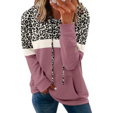 Imagem de Moletom com capuz Onlypuff Leopard feminino, pulôver rosa M