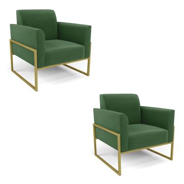 Imagem de Kit 2 Poltronas Base Industrial Alta Dourado Marisa Suede Verde D03 - D'Rossi