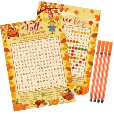 Imagem de Capoda 41 Pcs Fall Word Search Game Card Set Fall Pumpkin Party Game 30 Players and 1 Answer Card with 10 Pens for Adults Child Autumn Maple Leaves Turkey Home School Classroom Activities Party Favors