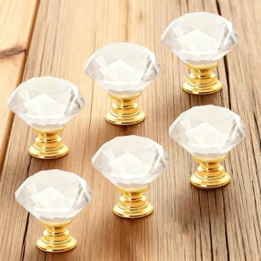 Imagem de 6 puxadores de armário de cristal, puxadores de armário de 30 mm, puxador transparente em forma de diamante - ouro
