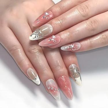 Imagem de Unhas postiças curtas de amêndoa média Y2K com design de laço simples pérolas cobertura completa cola em bastão falso artificial em unhas de acrílico para mulheres, 24 peças