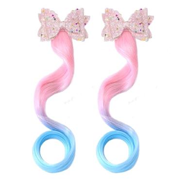 Imagem de Grampos de cabelo, 2 presilhas com extensões de cabelo coloridas anexadas com laço acessórios de cabelo para Natal, Ano Novo, Diário - Rosa Azul Gradiente