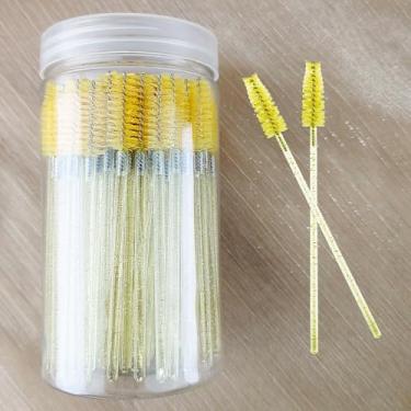 Imagem de 100 pincéis de rímel descartáveis para cílios e varinhas de substituição para extensões de cílios e pincel de sobrancelha com recipiente (amarelo)
