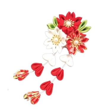 Imagem de Grampo de cabelo com flor de borla, fofo, pano, flor, todos combinam, feitos à mão, quimono japonês, acessório para a cabeça (vermelho)