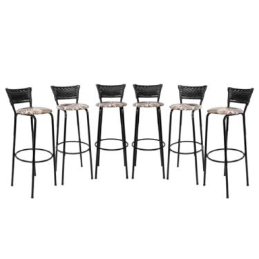 Imagem de Kit 6 Banquetas Altas 80cm Estrutura Preta Encosto Junco Preto Ideal Bancada Cozinha Americana Bares Balcão Ilha Área Gourmet Piscina Itagold (Assento Floral Marrom)