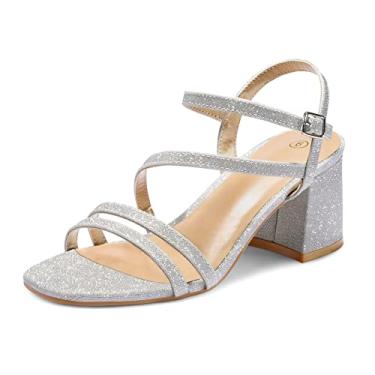 Imagem de mysoft Sandálias femininas de salto baixo grosso com tiras e bico aberto, Prata brilhante, 38