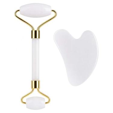 Imagem de Ferramenta de cuidados com a pele – Rolo facial de jade branco e pedra Gua Sha Duo, ferramentas de cuidados com a pele e escultura para promover uma pele saudável