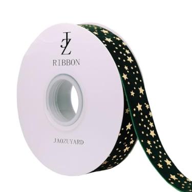 Imagem de JaoZuyard Fita de veludo verde 2,5 cm x 10 jardas estrela glitter ouro verde fita de veludo para embrulho de presente decoração de árvore de Natal artesanato grinaldas suprimentos decoração de Natal