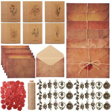 Imagem de Dunzoom 241 peças, 60 conjuntos vintage de papel de papelaria e envelopes de flores silvestres, 60 folhas, obrigado, escrita, papelaria, carta, 60, envelopes, 60, selo de cera, 60, pingente de flor de