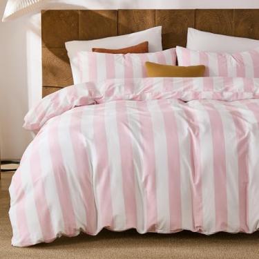 Imagem de Merryword Conjunto de capa de edredom listrado rosa e branco, tamanho Queen, conjunto de cama 100% algodão com fecho de zíper e 8 laços nos cantos, roupa de cama luxuosa tipo linho, capa de edredom