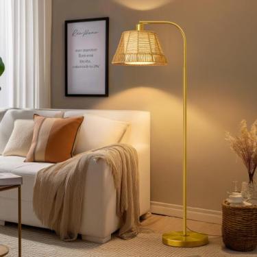 Imagem de Luminária de chão Oneach Arc Rattan Shade Gold Metal Base