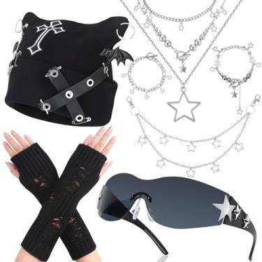 Imagem de Conjunto de acessórios Y2k incluído Star Y2k colar de prata grunge colar em camadas Y2K óculos de sol estrela grampo de cabelo prata Y2k clipes de cabelo chaveiro calças hip hop corrente conjunto de