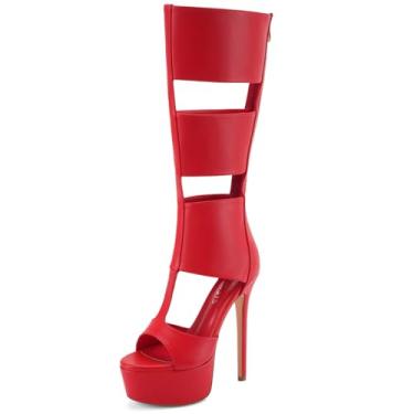 Imagem de Perisis Sandálias gladiadoras plataforma até o joelho para mulheres sexy aberto peep toe salto alto stiletto moda verão vestido festa dança botas com zíper, PU vermelho, 6.5
