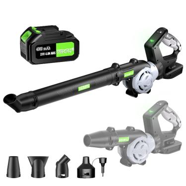 Imagem de WeGofly Soprador de folhas sem fio, 1 bateria e carregador de 21V 4,0Ah, modo de 3 velocidades, soprador de folhas leve alimentado por bateria de 450 CFM/160 MPH para cuidados com o gramado, pátio,