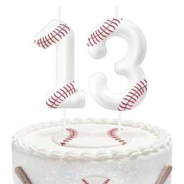 Imagem de Velas de aniversário de beisebol número 13, topo de bolo com tema de beisebol para meninos e meninas, decorações de bolo para aniversários, suprimentos de festa com tema esportivo, velas para