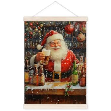 Imagem de TWRVI Cabide de pôster engraçado de Natal com moldura de madeira, decoração de arte de parede de Natal de inverno para carrinho de bar em casa, pôsteres de Natal de Papai Noel para cozinha, sala de
