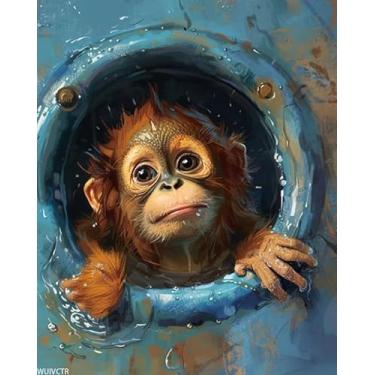 Imagem de Pintura de gorila fofa por números para adultos iniciantes, estilo rústico, pintura a óleo faça você mesmo, tinta acrílica azul para esgoto por números, kits para adultos para decoração de parede de