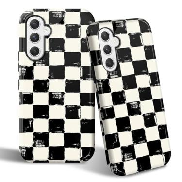 Imagem de SROJDHFJB Capa de telefone para Samsung Galaxy S25, capa protetora de 2 camadas com design impresso quadriculado preto e branco, parte traseira rígida + TPU macio bumper capa slim fit para homens e