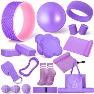 Imagem de Gemscream 17 peças de kits essenciais de ioga para mulheres, conjuntos de equipamentos de pilates para iniciantes com blocos de bola de roda de ioga faixas de laço de resistência anel de pulso meias