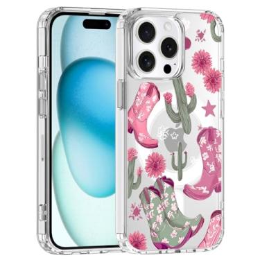 Imagem de JOYLAND Capa para iPhone 15 Pro, compatível com MagSafe, capa de telefone transparente com design Pink Cowboys, capa protetora antiamarelamento TPU macio à prova de choque com proteção contra quedas