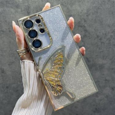 Imagem de Capa de celular com glitter e lantejoulas de areia movediça e gradiente de borboleta para Samsung S24 Ultra S24 Plus, capa protetora de lente de revestimento de luxo, dourada, para Galaxy S24Plus