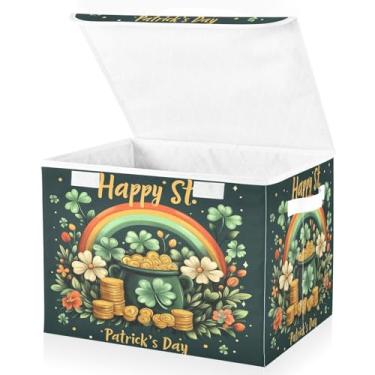 Imagem de Blueangle Caixas de armazenamento dobráveis 1 pacote, cestas de armazenamento de moedas de ouro arco-íris do dia de São Patrício com tampas e alça para casa, quarto, armário e escritório (147)