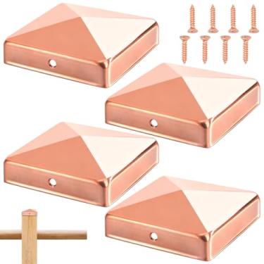 Imagem de WRINGKIT Pacote com 4 tampas de poste de cerca de cobre sólido 10 x 10 cm (real 9 x 9 cm), tampas de decks de pirâmide com parafusos, capas de poste de metal para área externa de madeira de cedro
