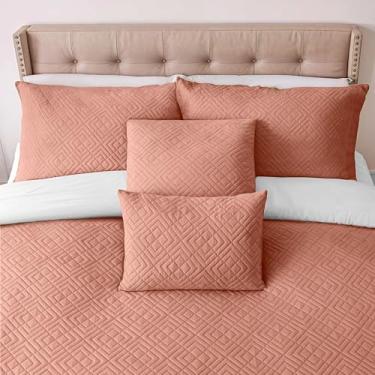 Imagem de Clara Clark Colchas tamanho solteiro – conjunto de colcha para todas as estações, conjunto de cama leve de trama Pinsonic – Conjunto de colcha de solteiro de 5 peças com fronhas, blush bali – diamante