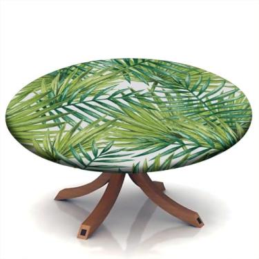 Imagem de Grstplnk Capa de mesa de poliéster com borda elástica com folhas de palmeira tropical, ilustração colorida, sentimentos naturais, toalha de mesa redonda decorativa para cozinha, sala de jantar, sala