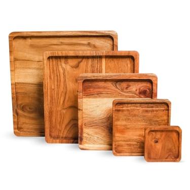 Imagem de Conjunto de 5 bandejas quadradas de madeira para servir – Travessas de madeira de acácia feitas à mão para lanches, aperitivos, café da manhã e decoração – Design de encaixe para armazenamento fácil