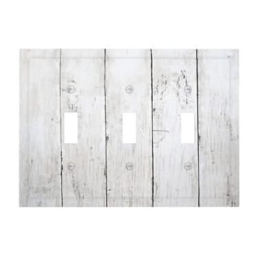 Imagem de Wmhusu Capa para interruptor de luz, tábua de madeira branca rústica, vintage, placa de parede de 3 grupos, placa de interruptor de luz tripla, capas decorativas de tomada, placa elétrica para