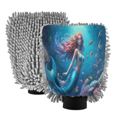Imagem de STAYTOP Linda luva de microfibra para lavagem de carro sereia, 2 peças sem arranhões, sem fiapos, luva de microfibra de chenille premium escova de lavagem de carro - M