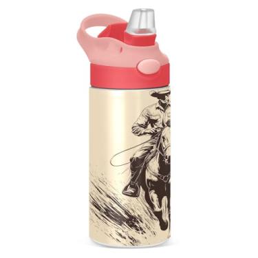 Imagem de CEBUGI Garrafas de água de equitação cowboy à prova de vazamento infantil com canudo Garrafa de água isolada a vácuo de aço inoxidável para meninos e meninas