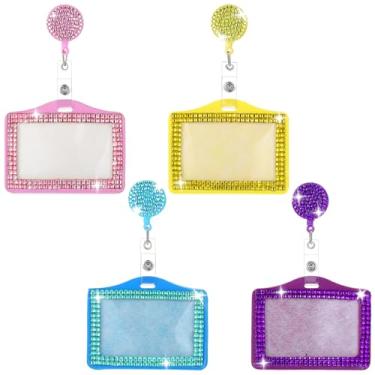 Imagem de Classicseali 4 peças porta-cartão de identificação horizontal, lindo porta-crachá brilhante, suportes de crachá de identificação horizontais de strass, grampo de carretel retrátil, para escritório