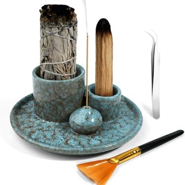 Imagem de Suporte de queimador de incenso 4 em 1, suporte de sálvia para queima, suporte de palo santo, suporte de vela, queimador de incenso de cerâmica, bandeja coletora de cinzas para sala de meditação e